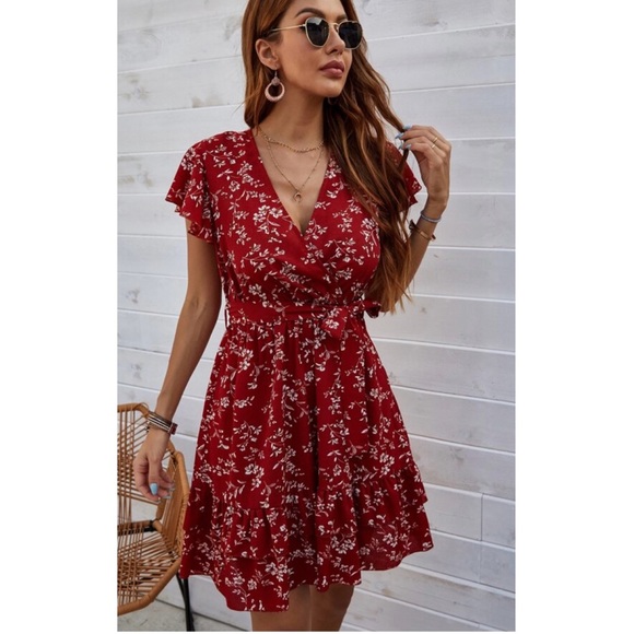 SHEIN Dresses & Skirts - Red Floral Print Surplice Dress by SHEIN